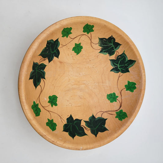 Vintage Hand Painted Rio Grande Woodenware Footed Bowl With Ivy Design
