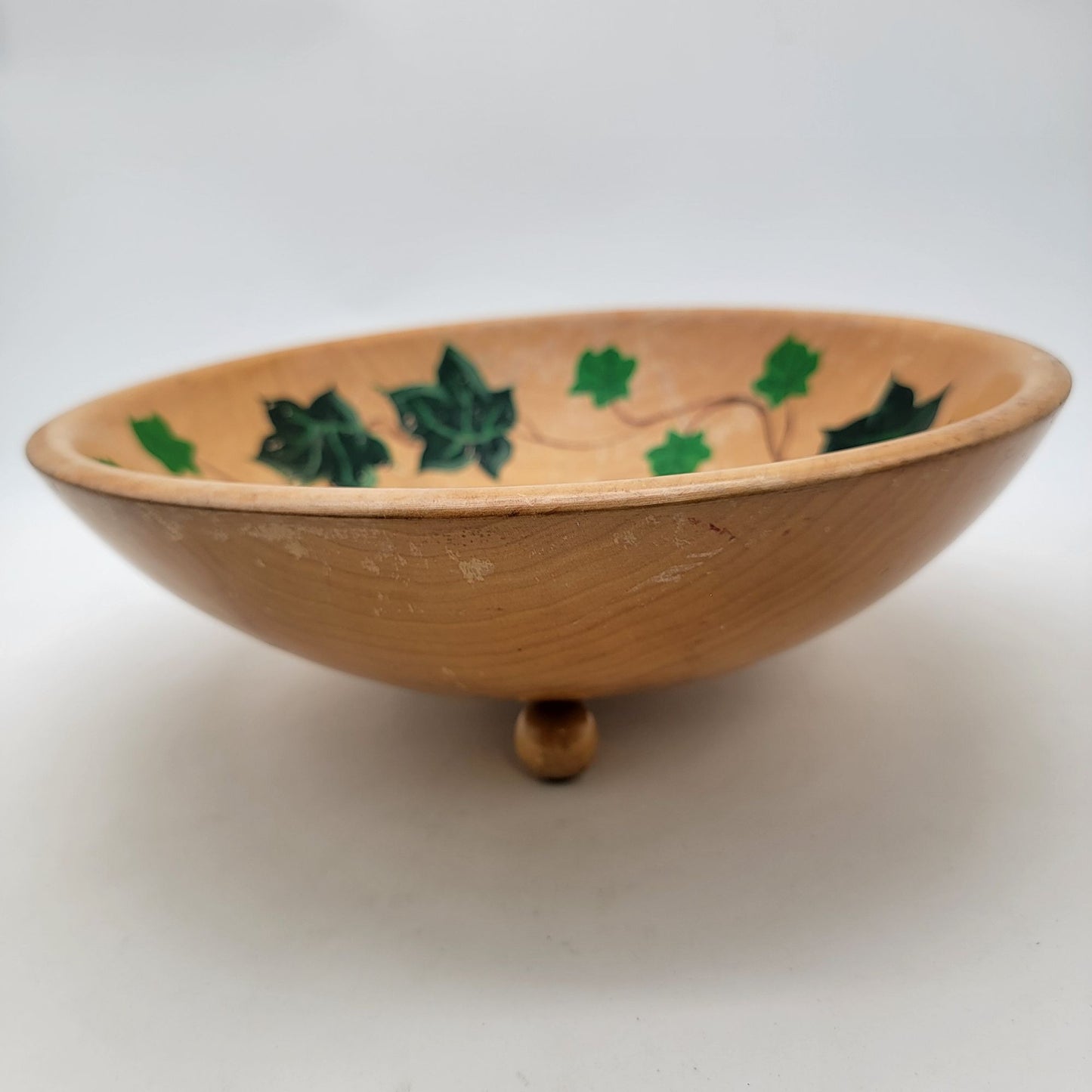 Vintage Hand Painted Rio Grande Woodenware Footed Bowl With Ivy Design