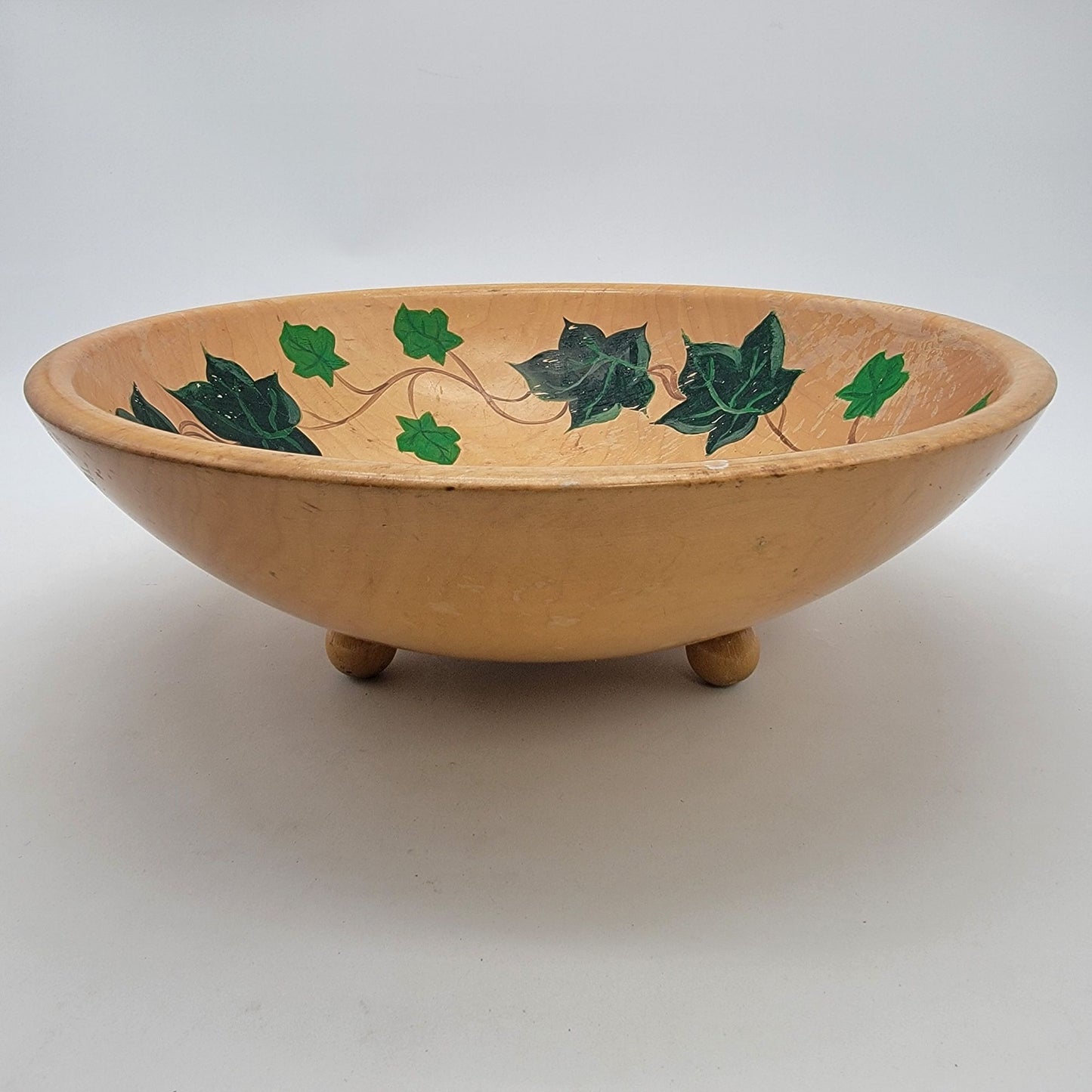 Vintage Hand Painted Rio Grande Woodenware Footed Bowl With Ivy Design