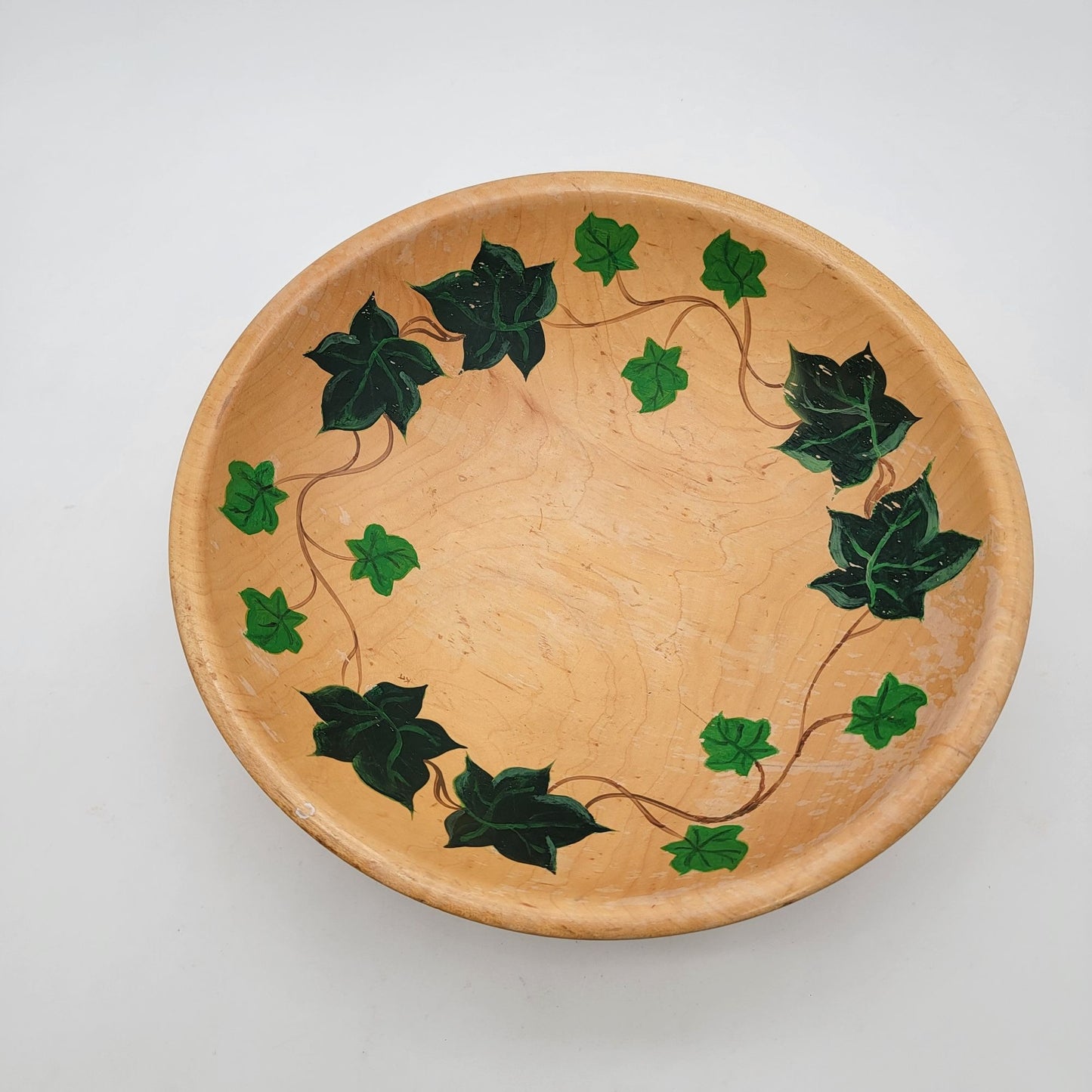 Vintage Hand Painted Rio Grande Woodenware Footed Bowl With Ivy Design