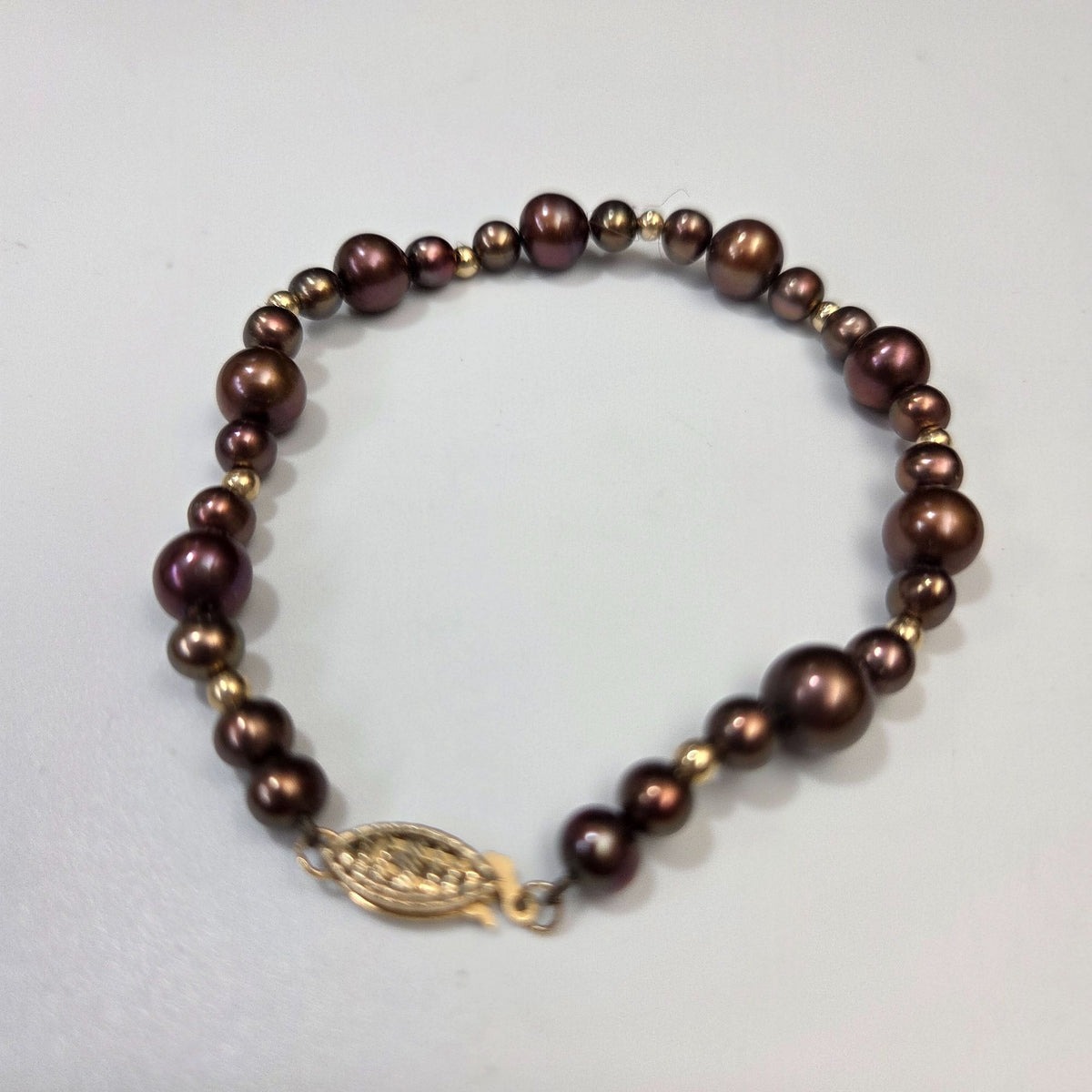 Vintage 14K Gold Chocolate Brown Freshwater Pearl Set Necklace Bracelet & Stud Earrings In Wood Box