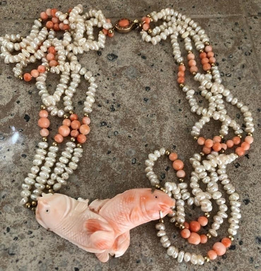 Stunning Carved Coral and Pearl Beaded Necklace 10K GOLD