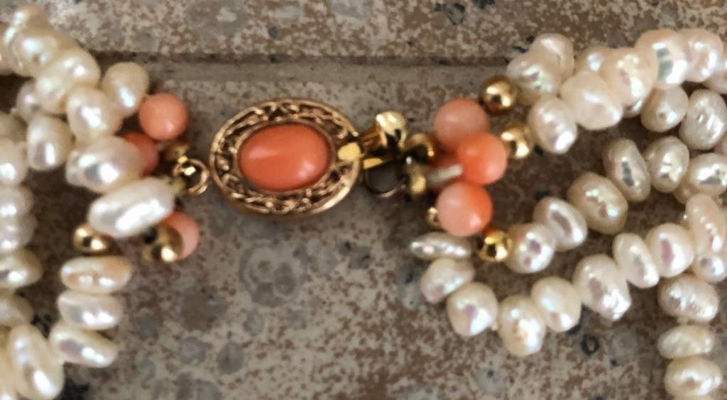 Stunning Carved Coral and Pearl Beaded Necklace 10K GOLD