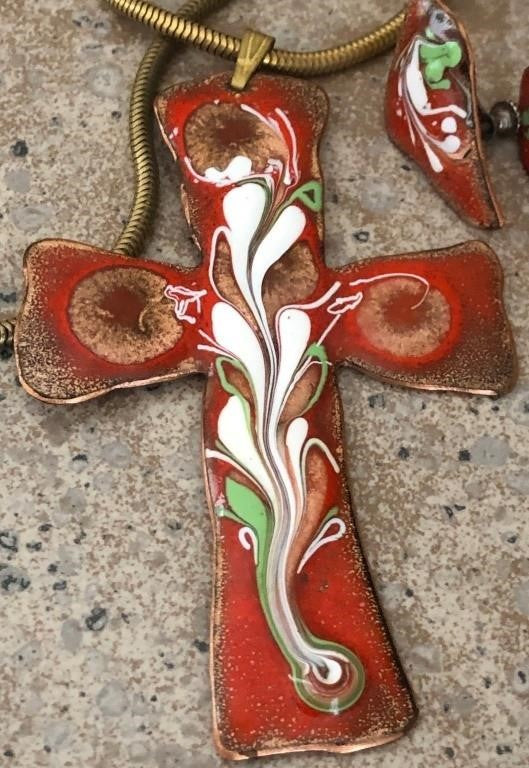 Enamel on Copper Cross and Earrings Set