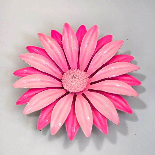 Vintage 1960s Hot Pink Enameled Daisy Flower Brooch