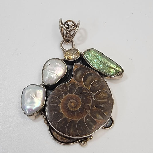 925 Sterling Silver Ammonite Shell Fossil Pendant with Citrine Biwa & Baroque Pearls
