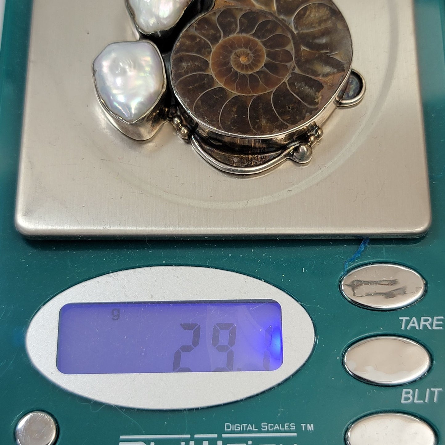 925 Sterling Silver Ammonite Shell Fossil Pendant with Citrine Biwa & Baroque Pearls