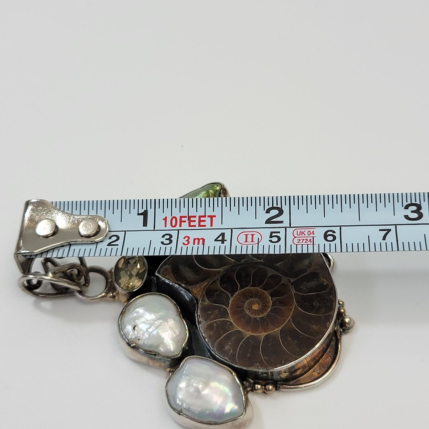925 Sterling Silver Ammonite Shell Fossil Pendant with Citrine Biwa & Baroque Pearls