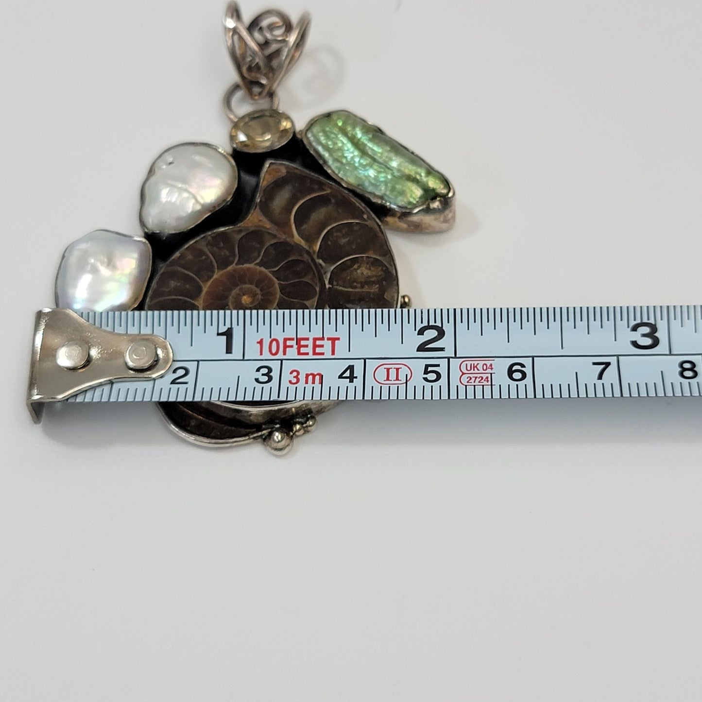 925 Sterling Silver Ammonite Shell Fossil Pendant with Citrine Biwa & Baroque Pearls