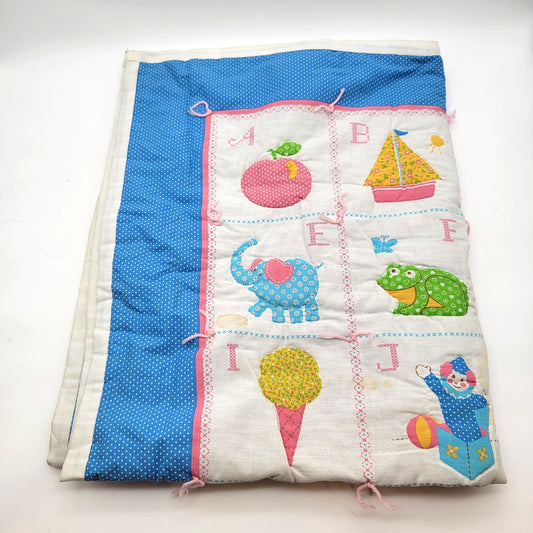 Vintage ABC Alphabet Applique Baby Quilt Blue Polka Dot Backing