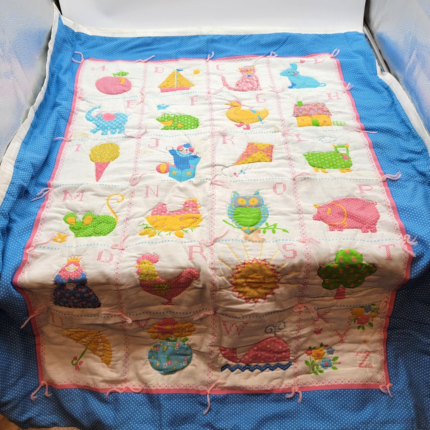 Vintage ABC Alphabet Applique Baby Quilt Blue Polka Dot Backing