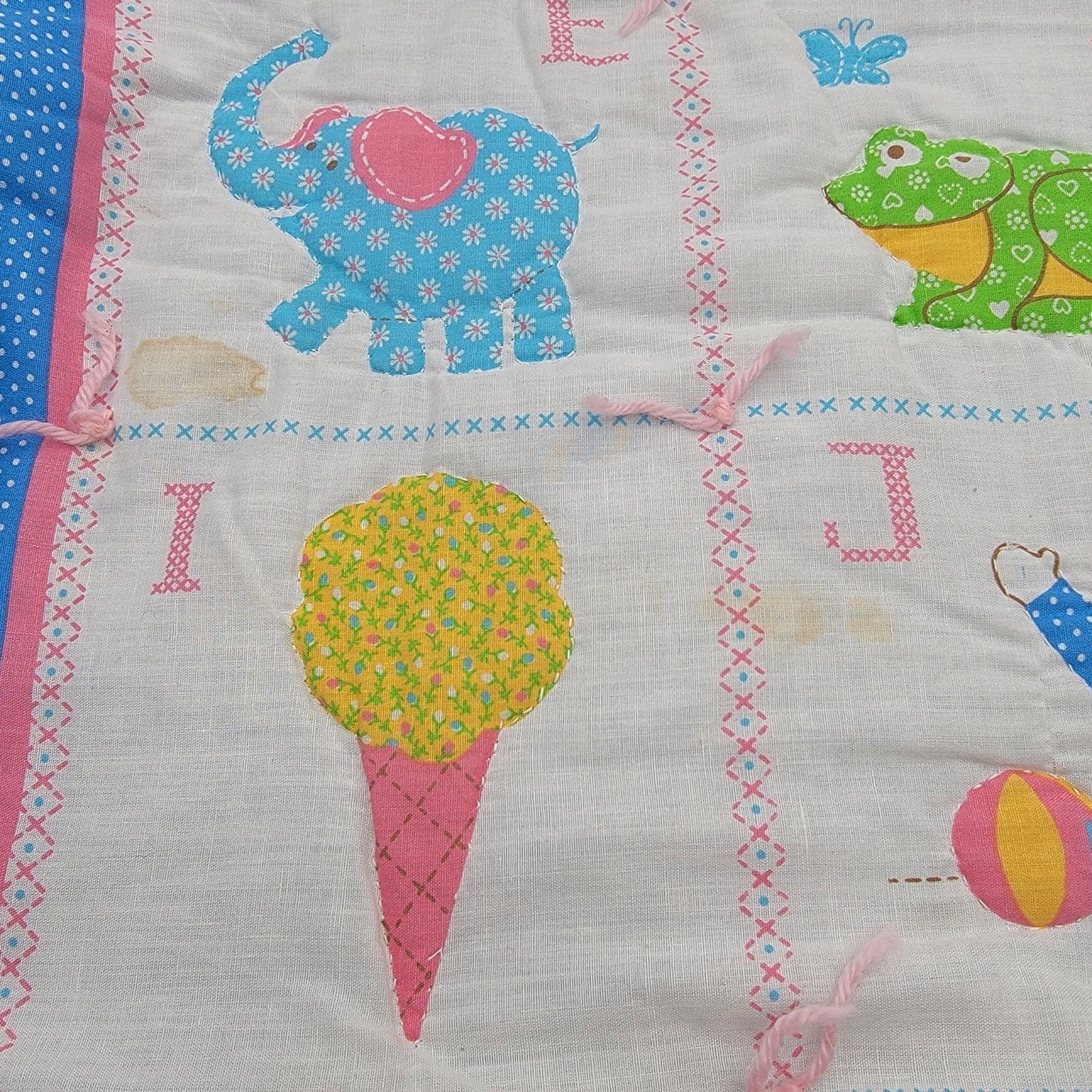 Vintage ABC Alphabet Applique Baby Quilt Blue Polka Dot Backing