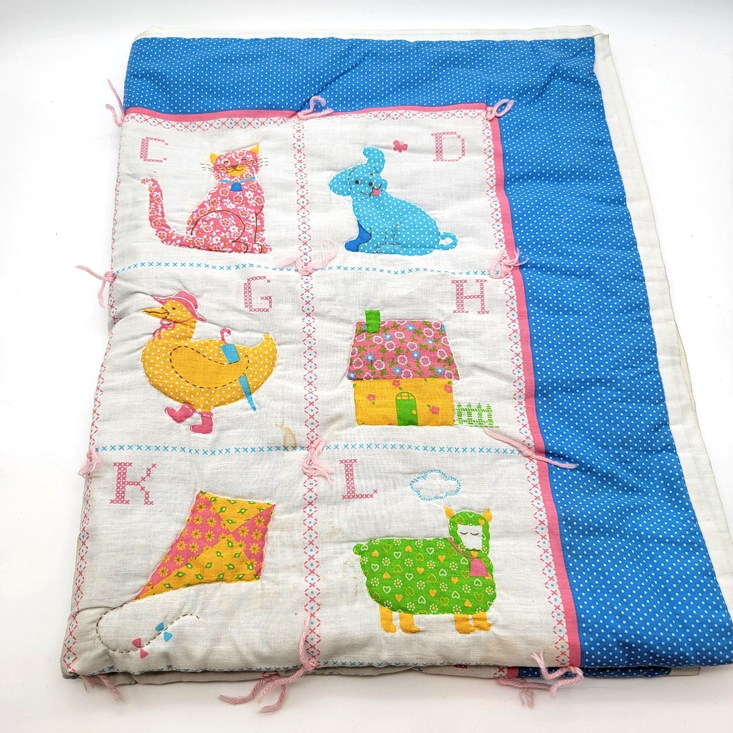 Vintage ABC Alphabet Applique Baby Quilt Blue Polka Dot Backing