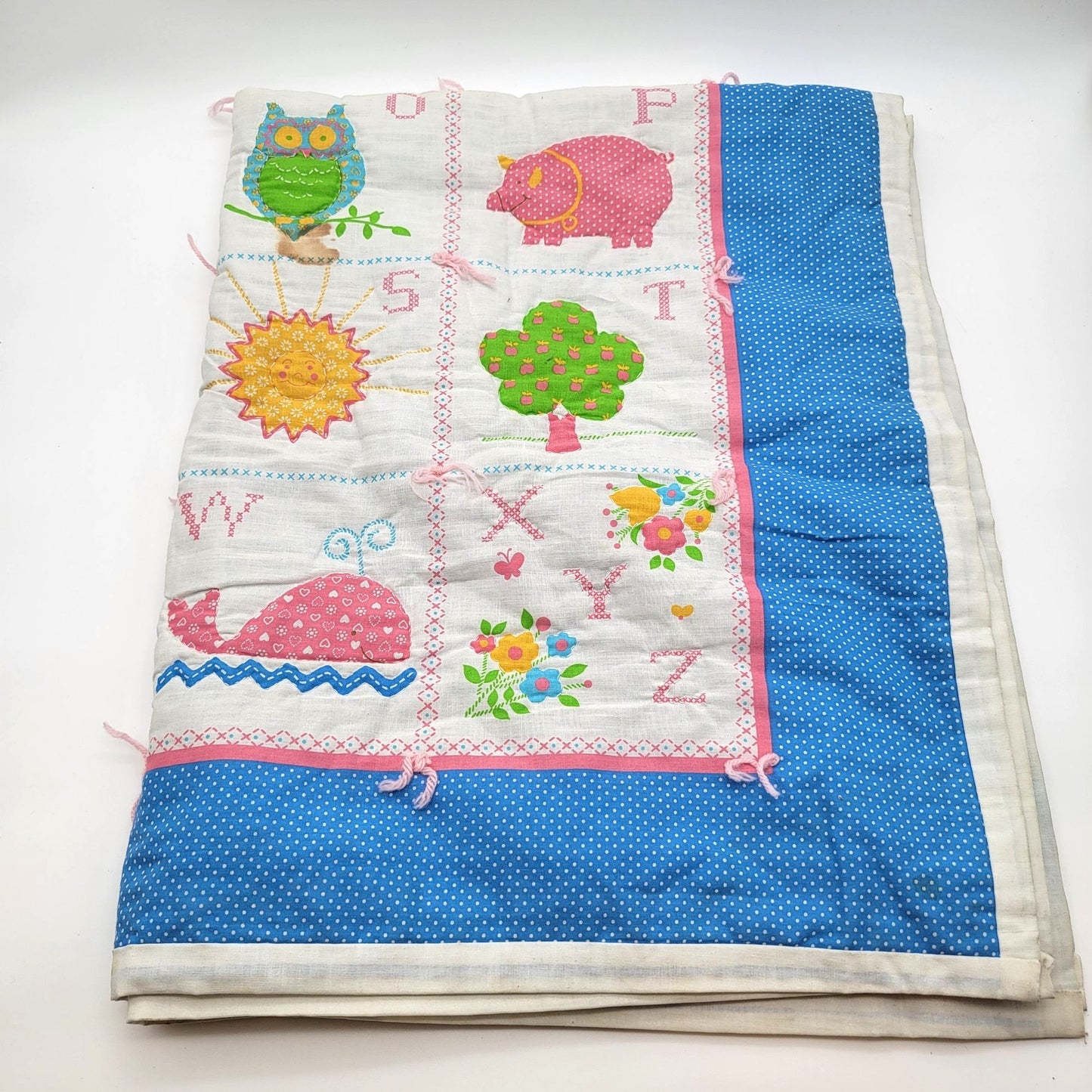 Vintage ABC Alphabet Applique Baby Quilt Blue Polka Dot Backing