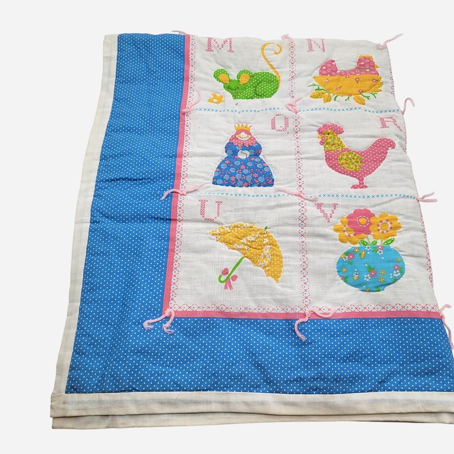 Vintage ABC Alphabet Applique Baby Quilt Blue Polka Dot Backing
