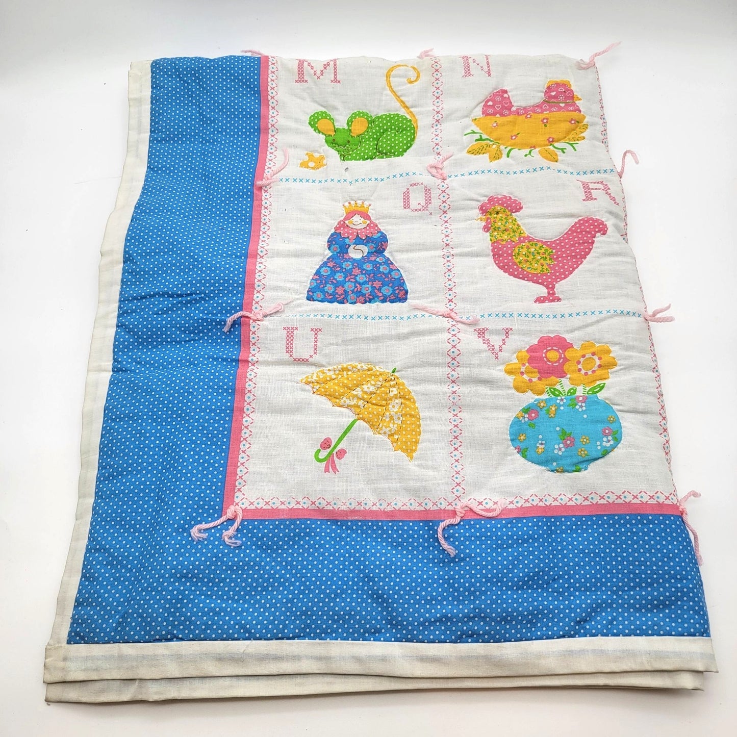 Vintage ABC Alphabet Applique Baby Quilt Blue Polka Dot Backing