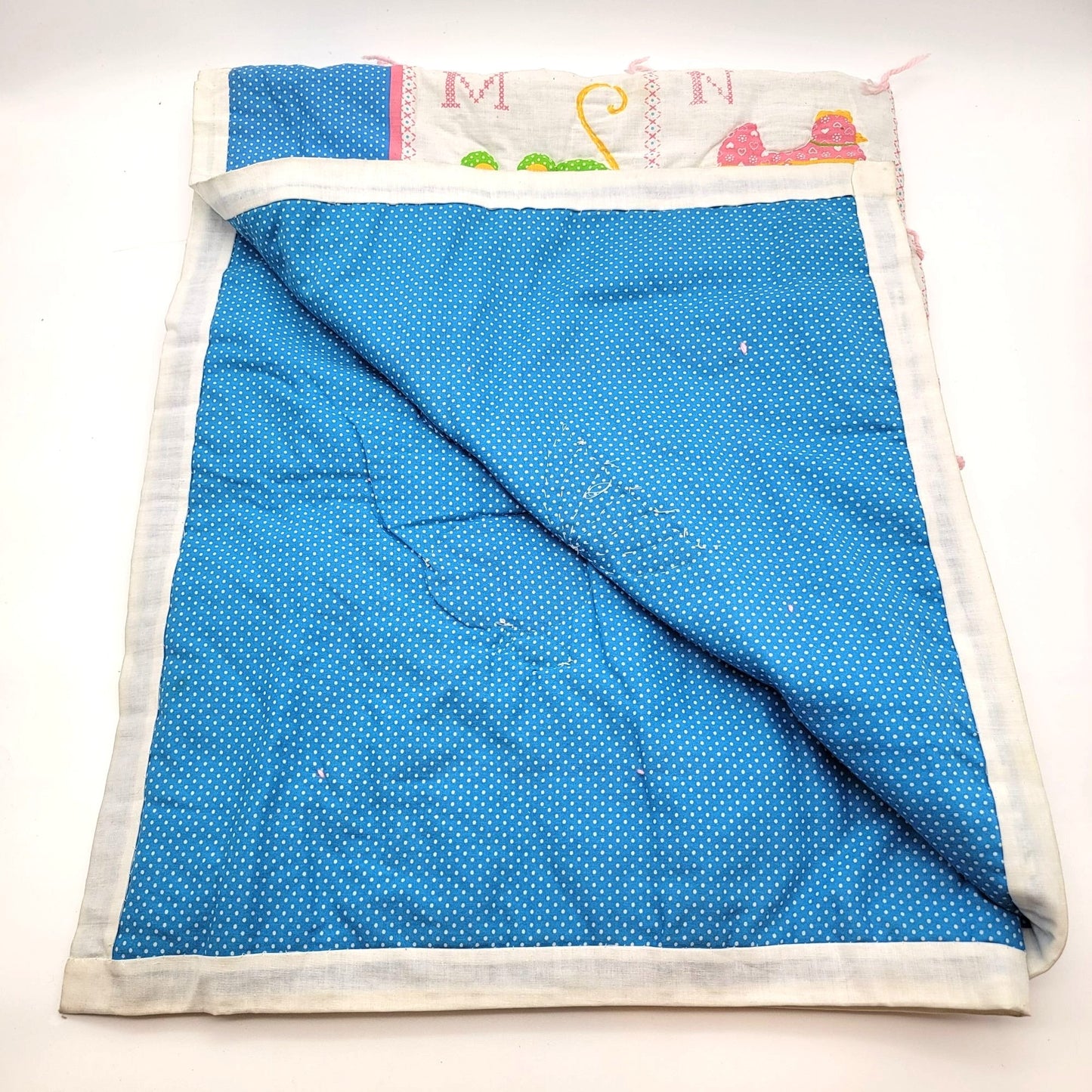 Vintage ABC Alphabet Applique Baby Quilt Blue Polka Dot Backing