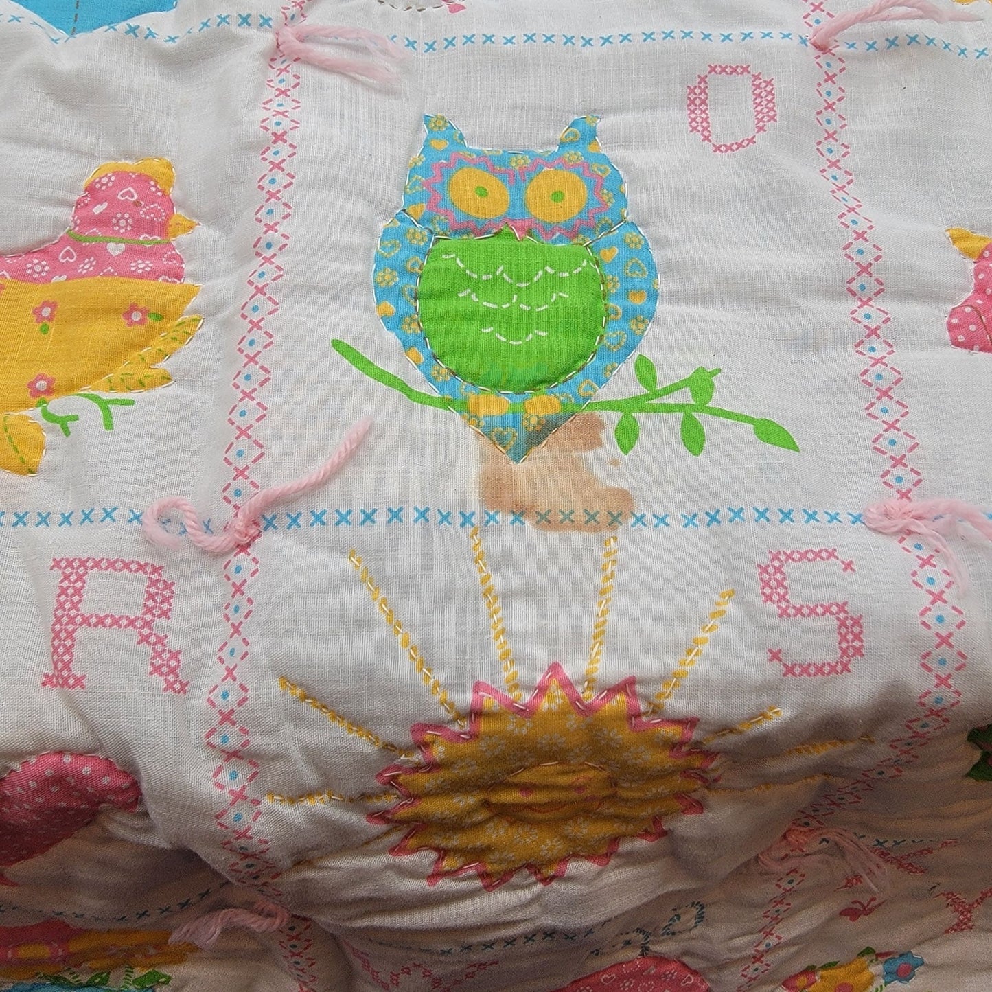 Vintage ABC Alphabet Applique Baby Quilt Blue Polka Dot Backing