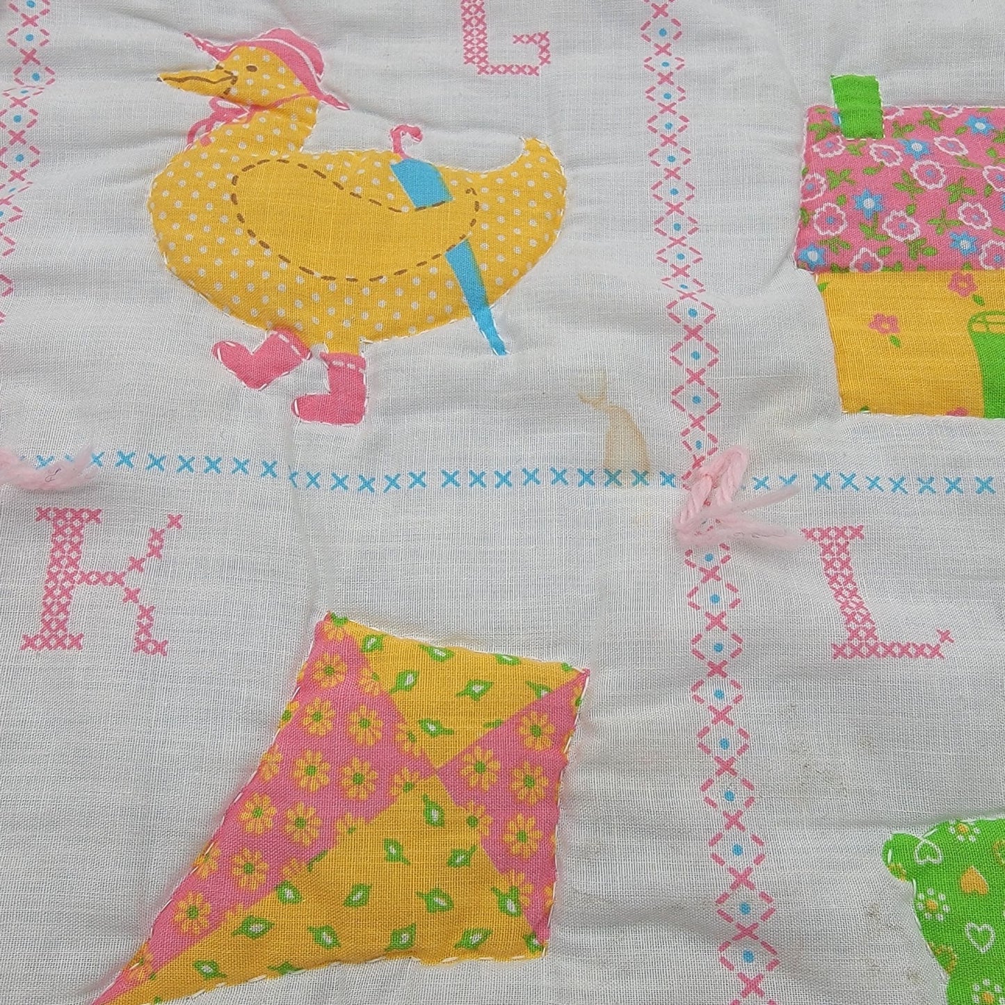 Vintage ABC Alphabet Applique Baby Quilt Blue Polka Dot Backing
