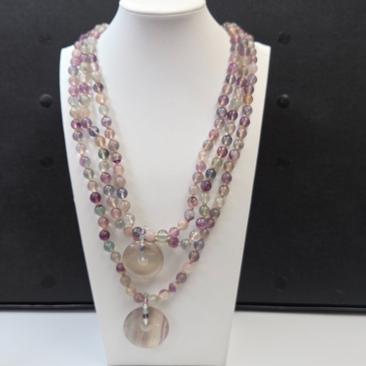 Vintage Artisan Multi Strand Rainbow Fluorite Beaded Necklace With Donut Pendants