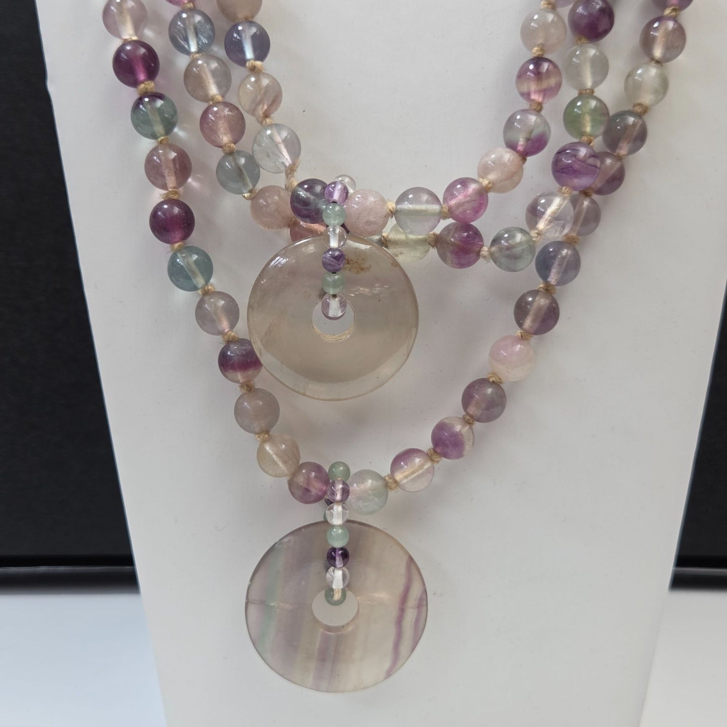 Vintage Artisan Multi Strand Rainbow Fluorite Beaded Necklace With Donut Pendants