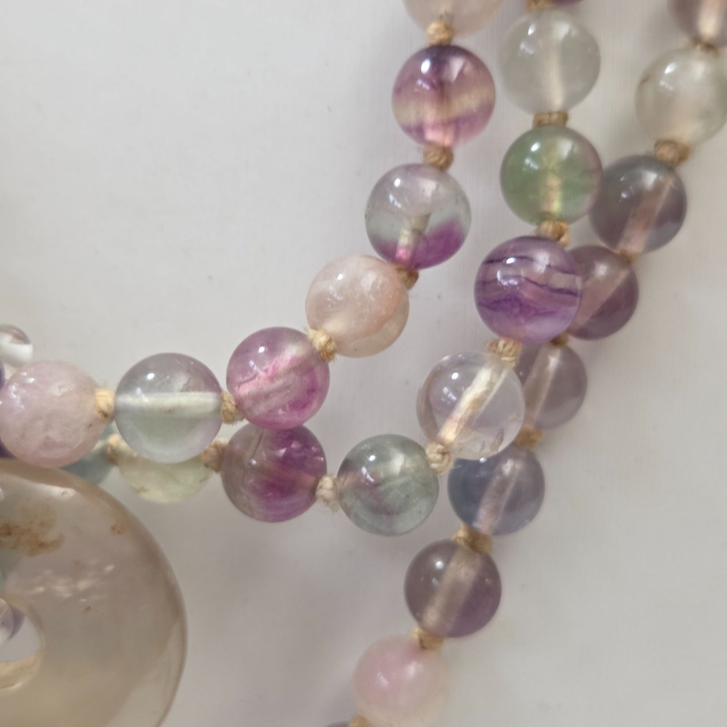 Vintage Artisan Multi Strand Rainbow Fluorite Beaded Necklace With Donut Pendants