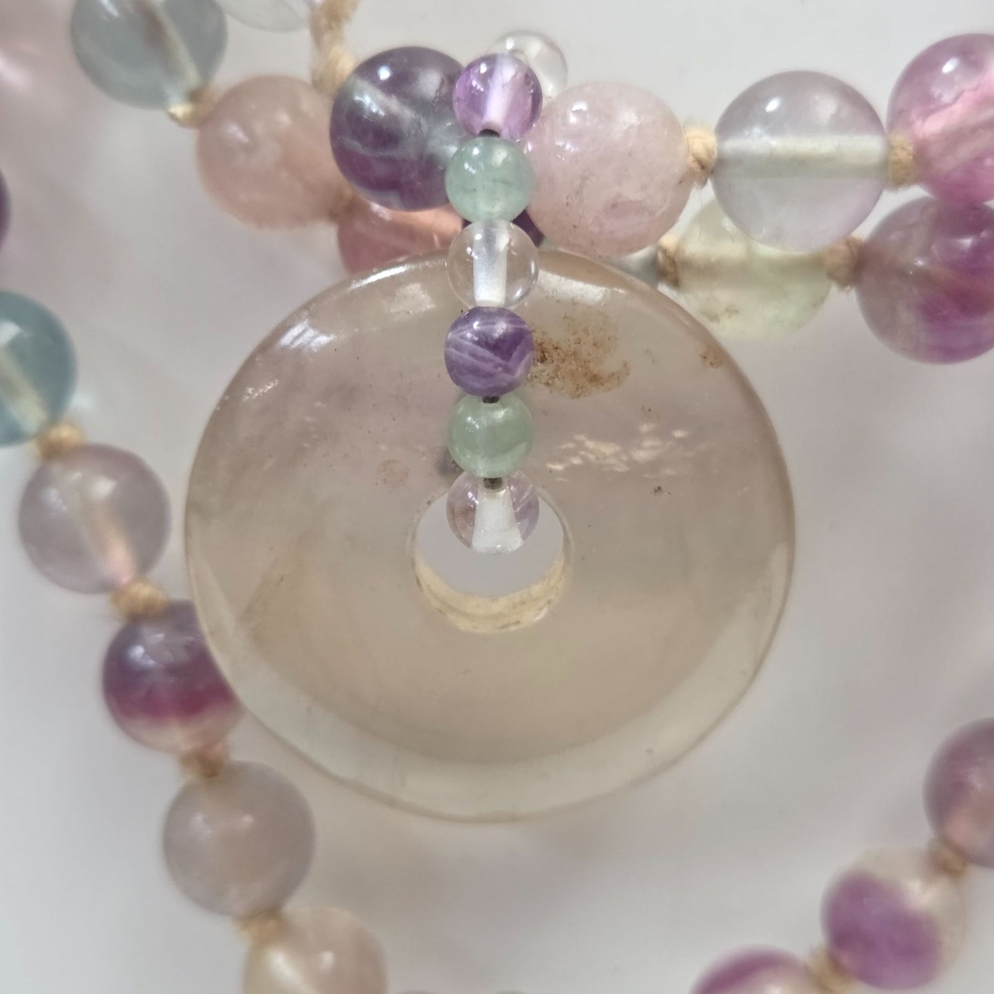 Vintage Artisan Multi Strand Rainbow Fluorite Beaded Necklace With Donut Pendants