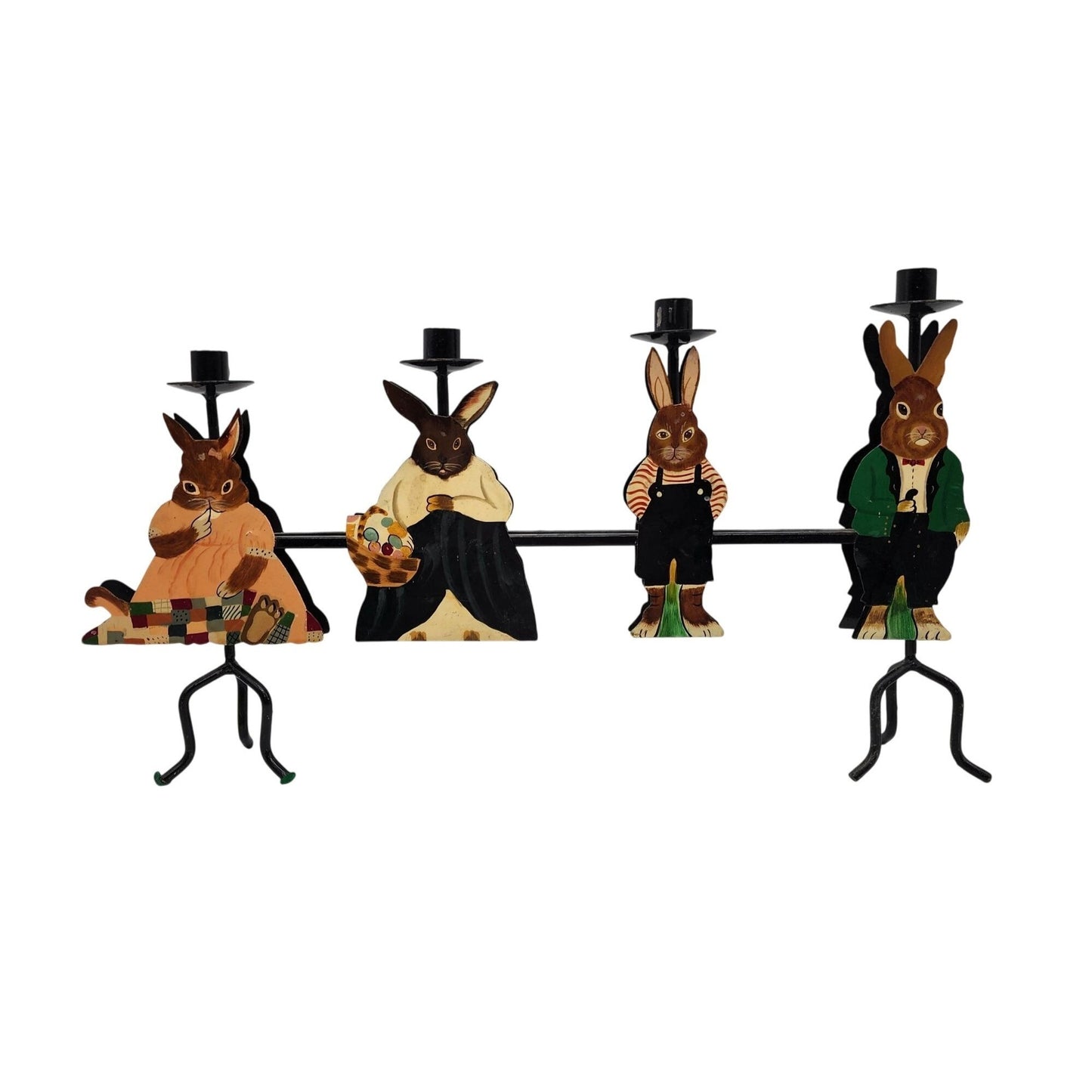 Vintage Hand-Painted metal Rabbit Family Candle Holder