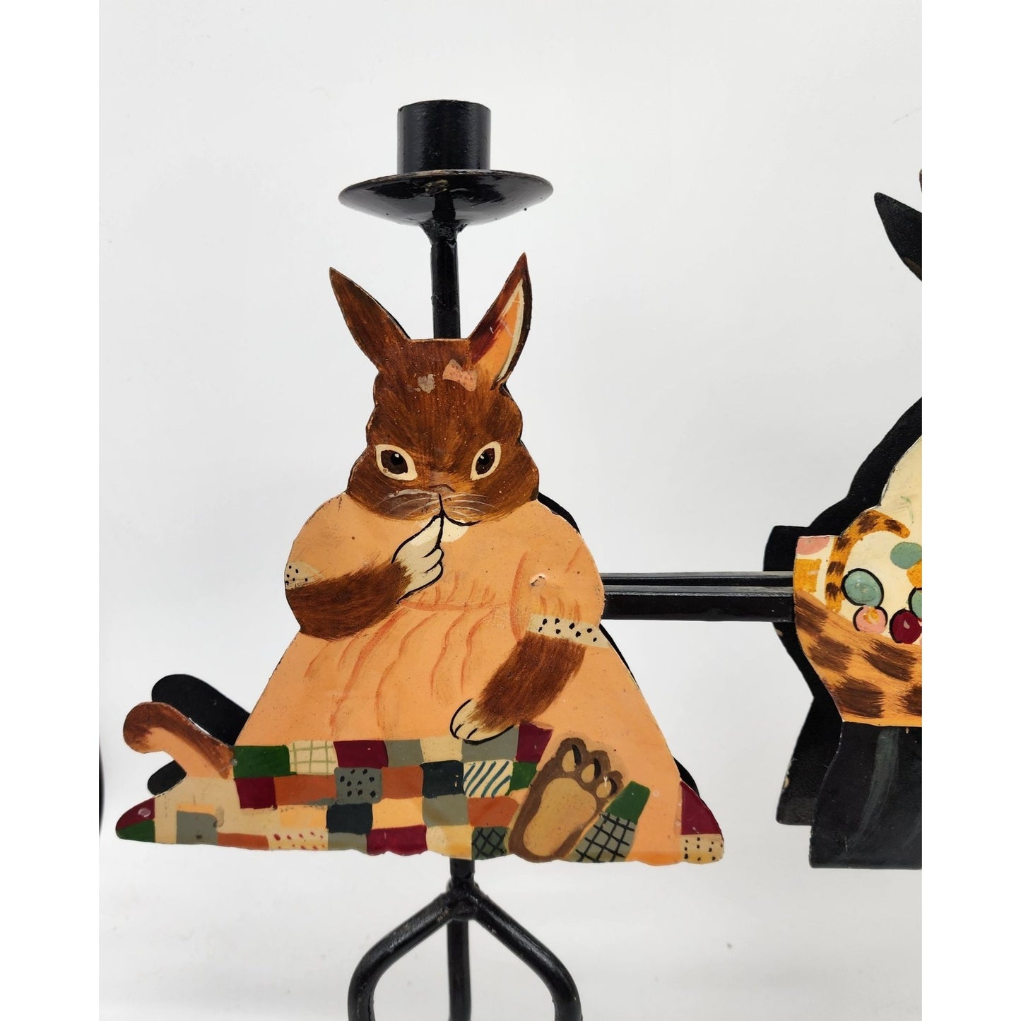 Vintage Hand-Painted metal Rabbit Family Candle Holder