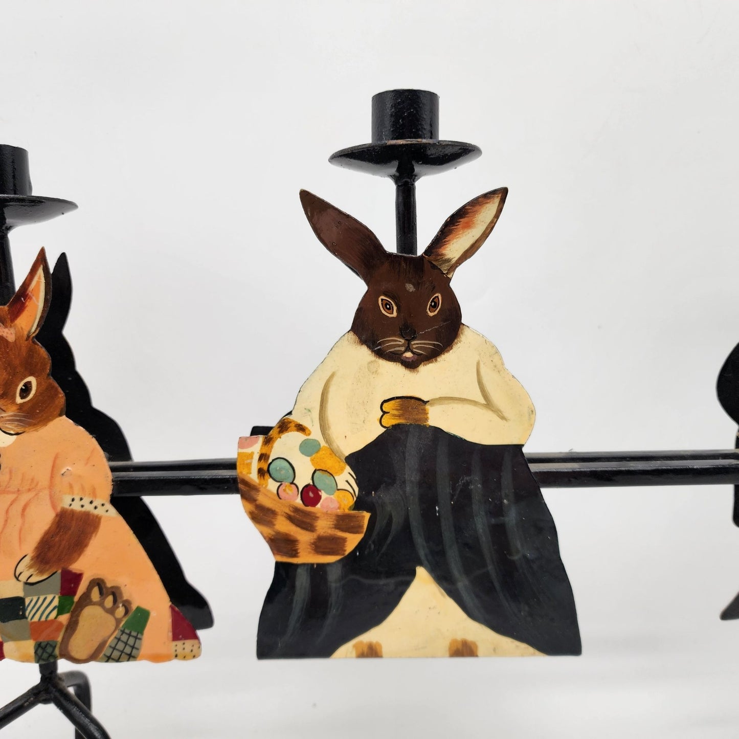 Vintage Hand-Painted metal Rabbit Family Candle Holder