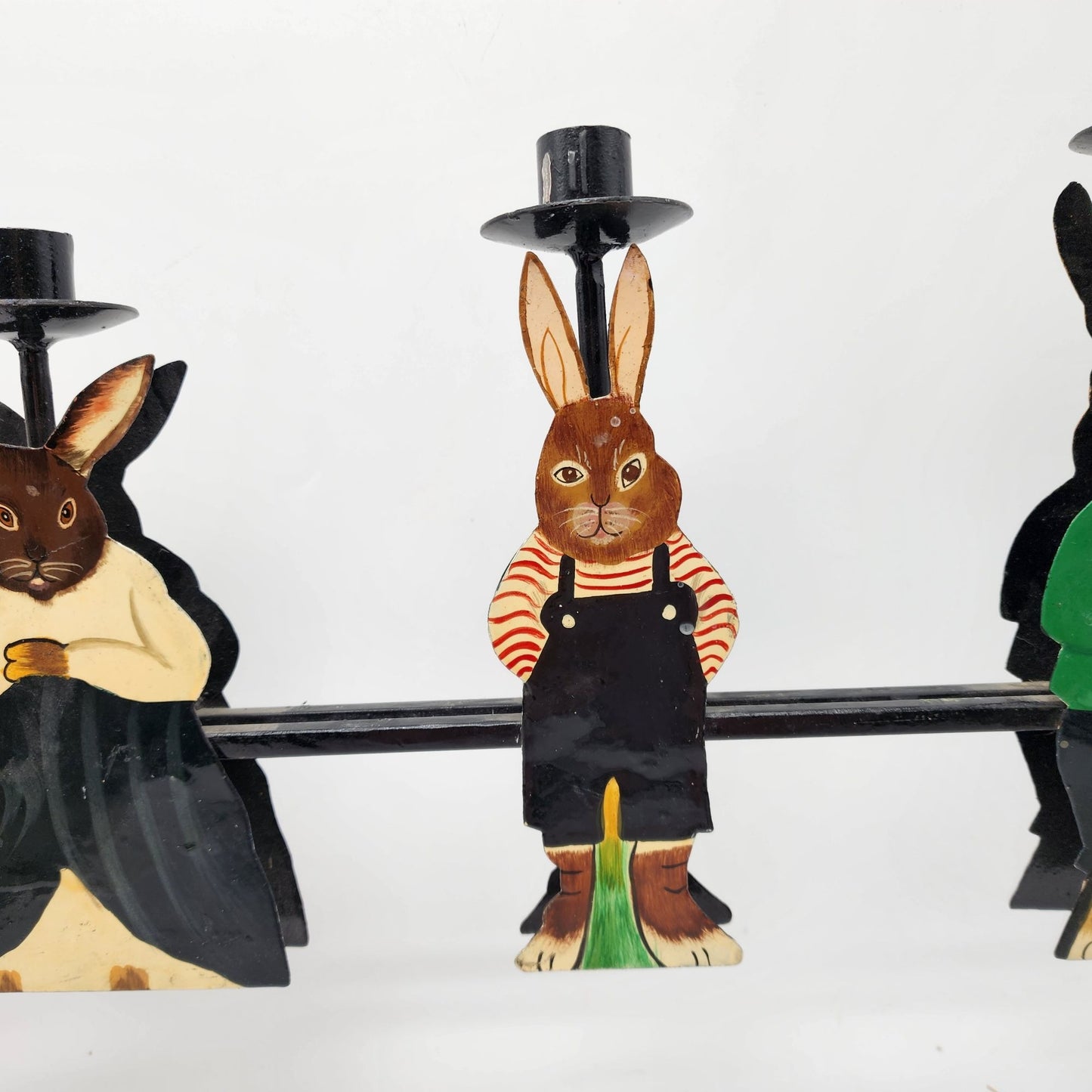 Vintage Hand-Painted metal Rabbit Family Candle Holder
