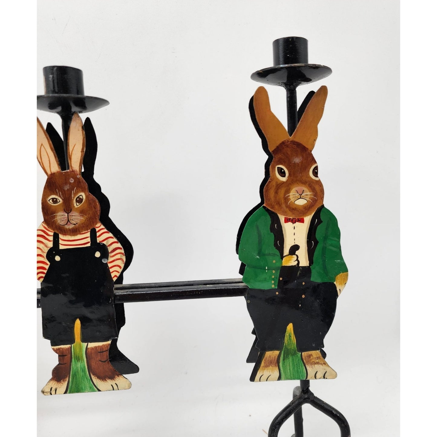 Vintage Hand-Painted metal Rabbit Family Candle Holder
