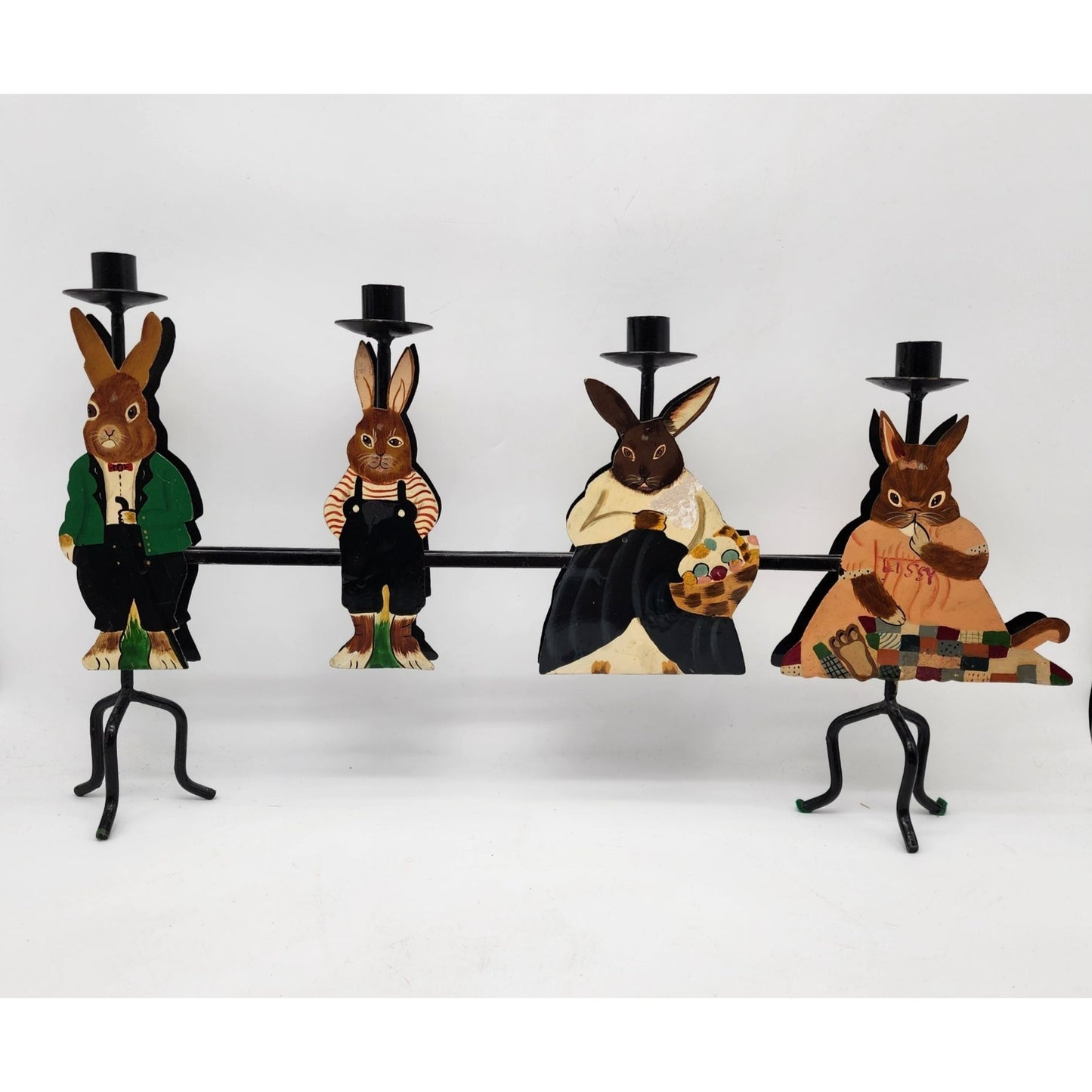 Vintage Hand-Painted metal Rabbit Family Candle Holder