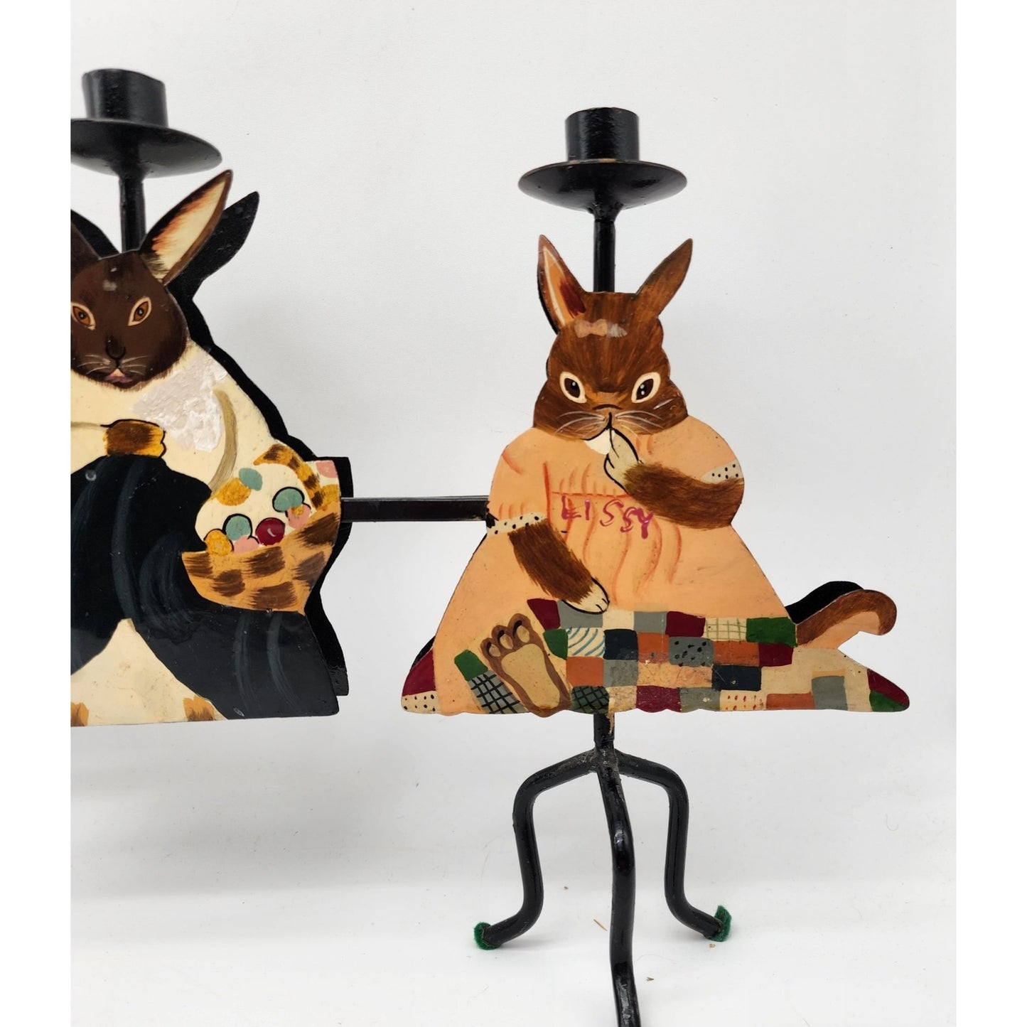 Vintage Hand-Painted metal Rabbit Family Candle Holder