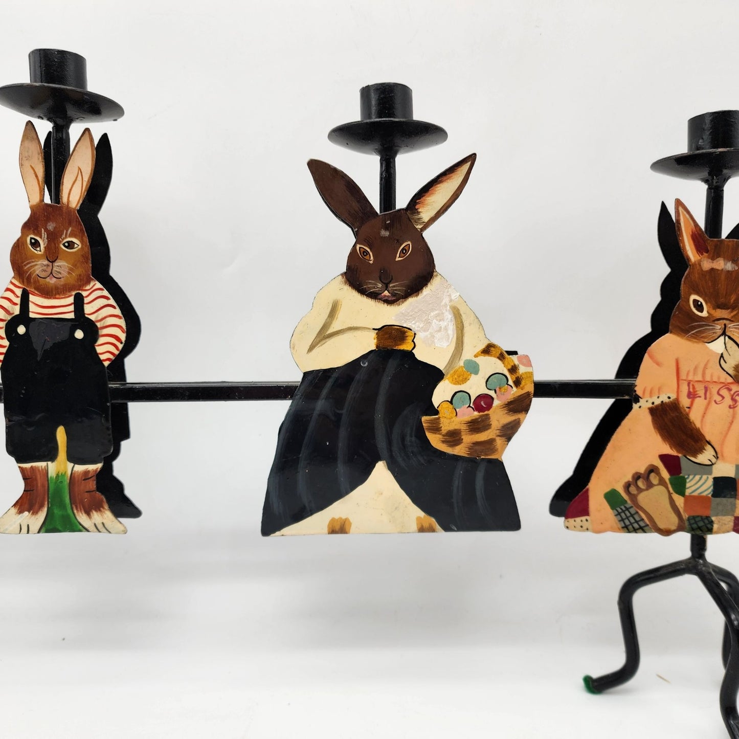 Vintage Hand-Painted metal Rabbit Family Candle Holder