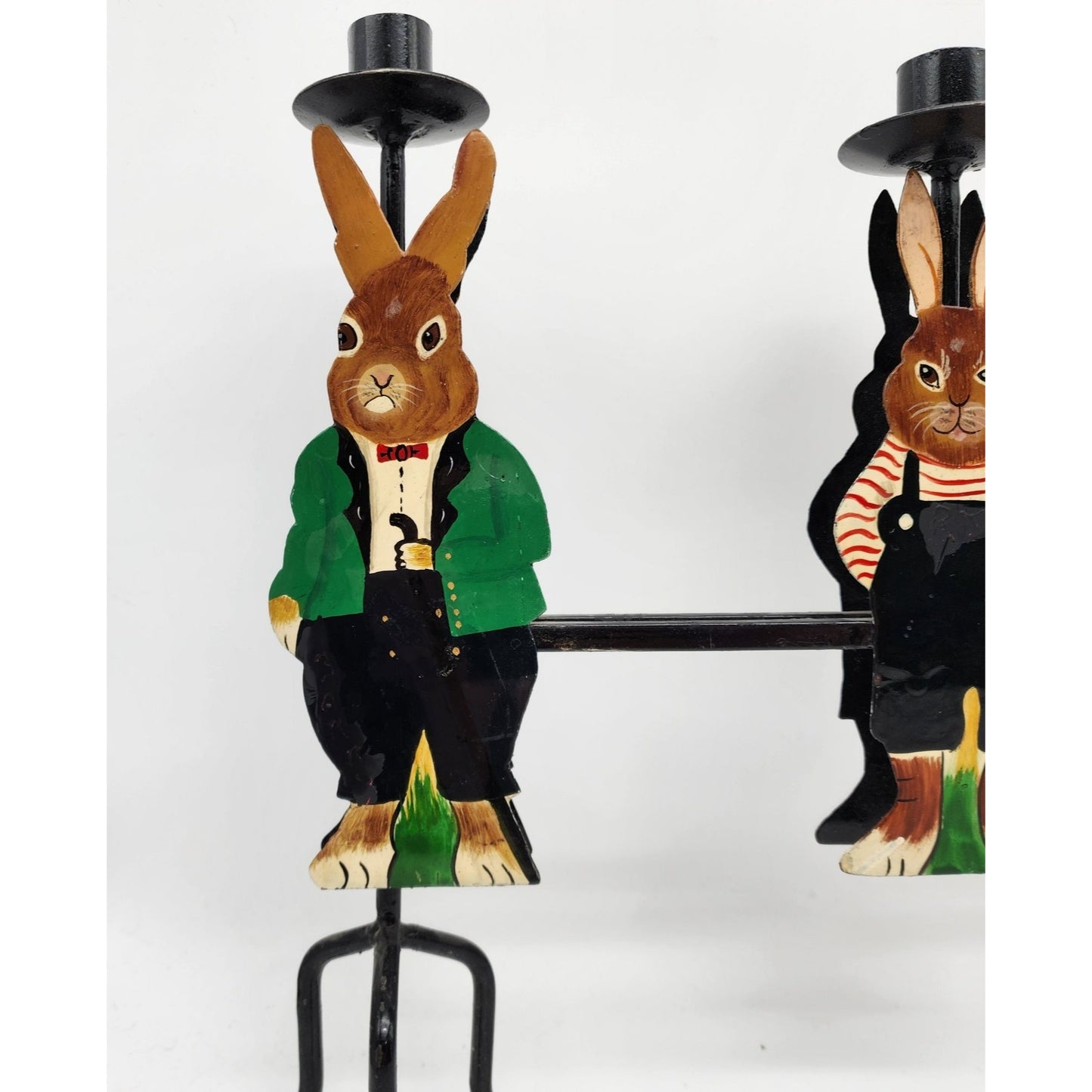 Vintage Hand-Painted metal Rabbit Family Candle Holder