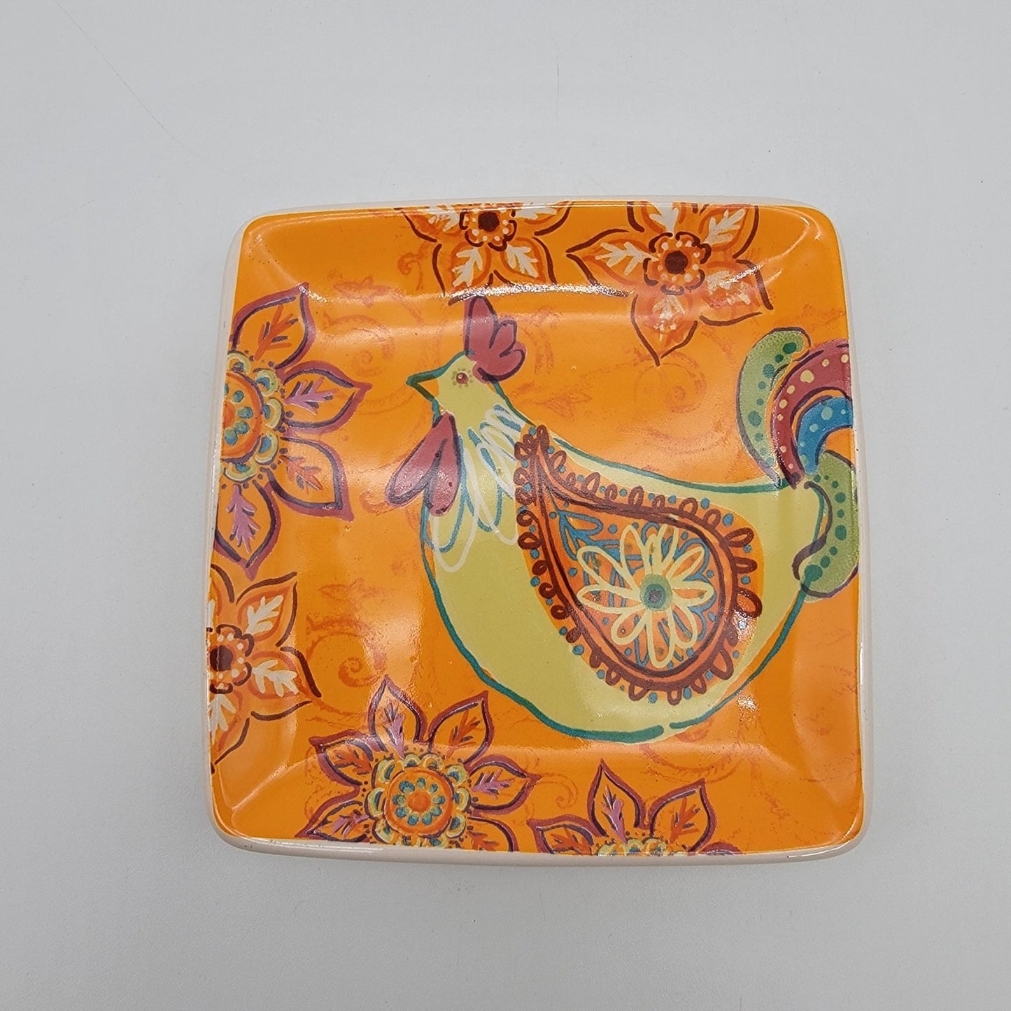Anthropologie Rooster  Square Dish Orange & Yellow