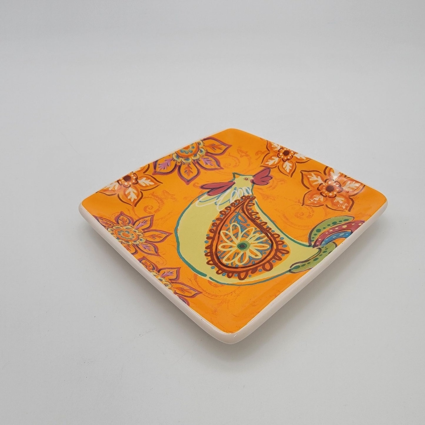 Anthropologie Rooster  Square Dish Orange & Yellow
