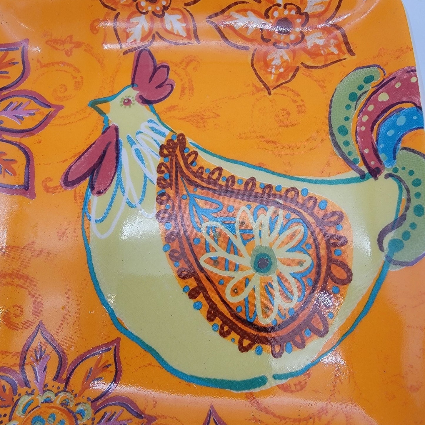Anthropologie Rooster  Square Dish Orange & Yellow