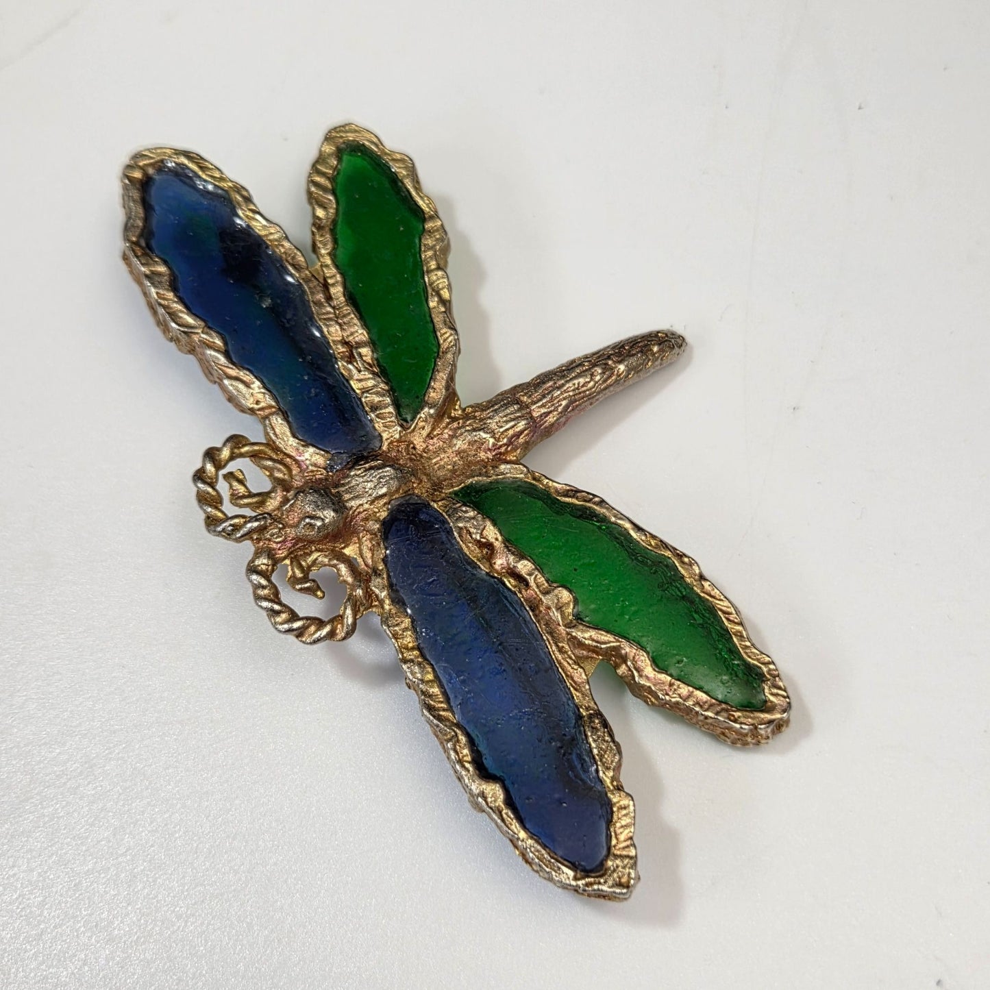 Vintage Joy Les Bernard Resin Plique a Jour Stained Glass Dragonfly Brooch