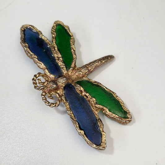 Vintage Joy Les Bernard Resin Plique a Jour Stained Glass Dragonfly Brooch