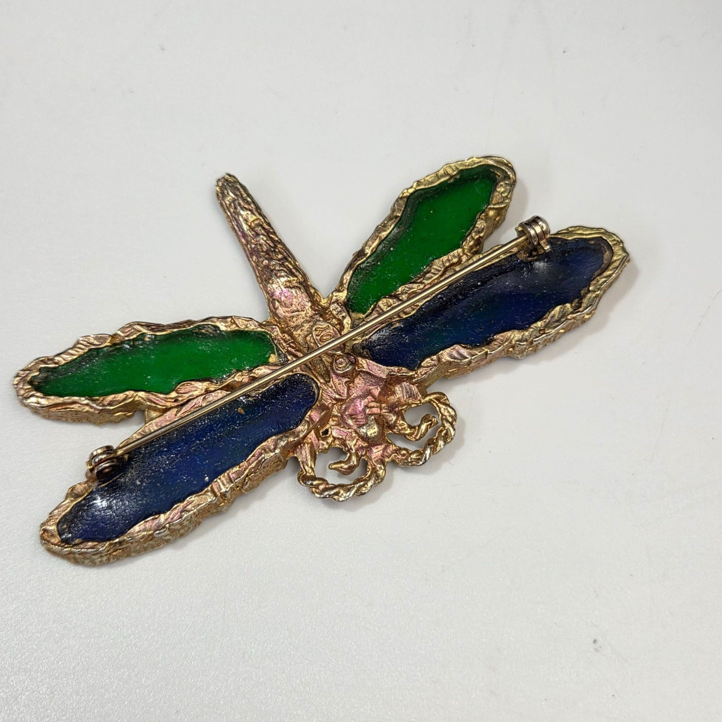 Vintage Joy Les Bernard Resin Plique a Jour Stained Glass Dragonfly Brooch