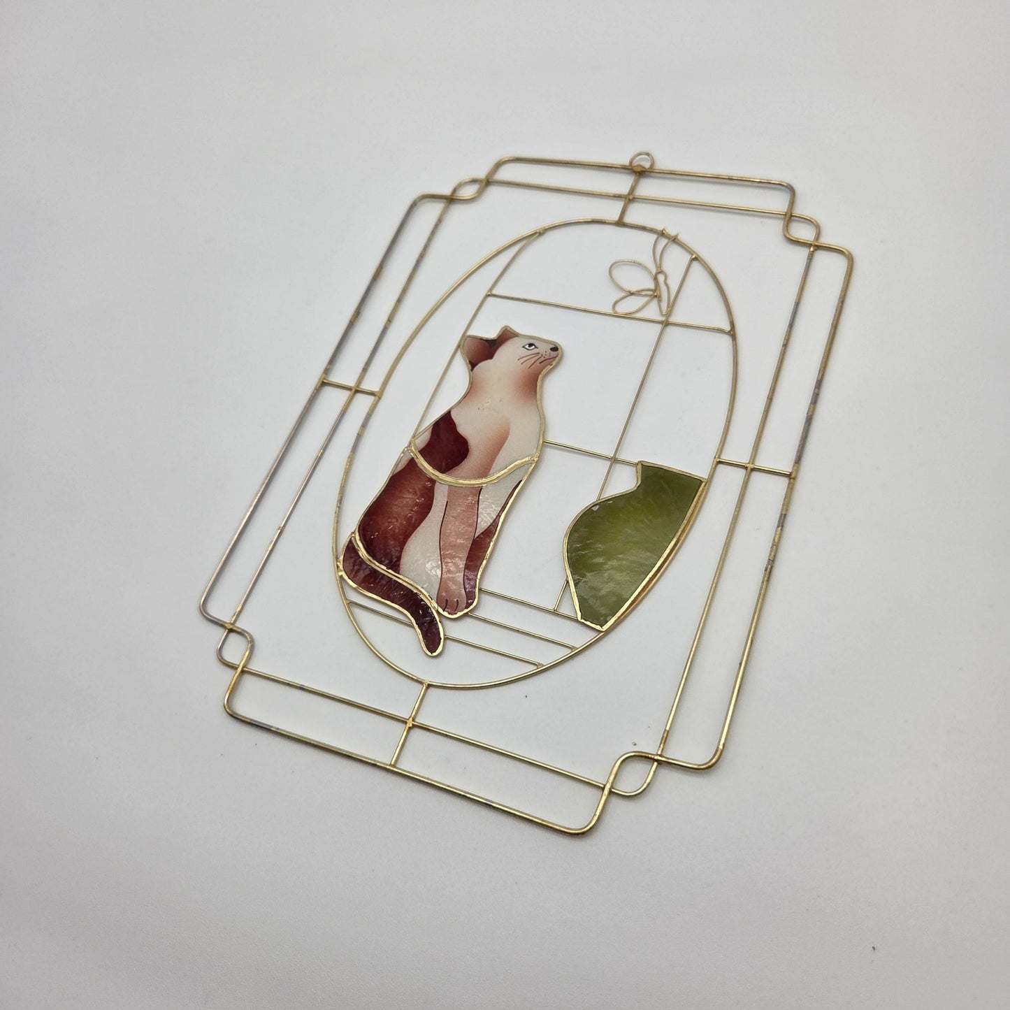 Vintage Capiz Shell Cat & Butterfly Sun Catcher Gold-Tone Frame