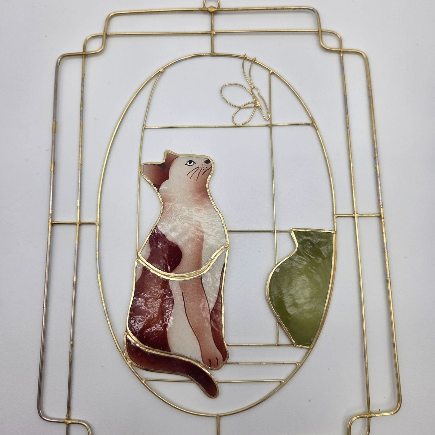 Vintage Capiz Shell Cat & Butterfly Sun Catcher Gold-Tone Frame