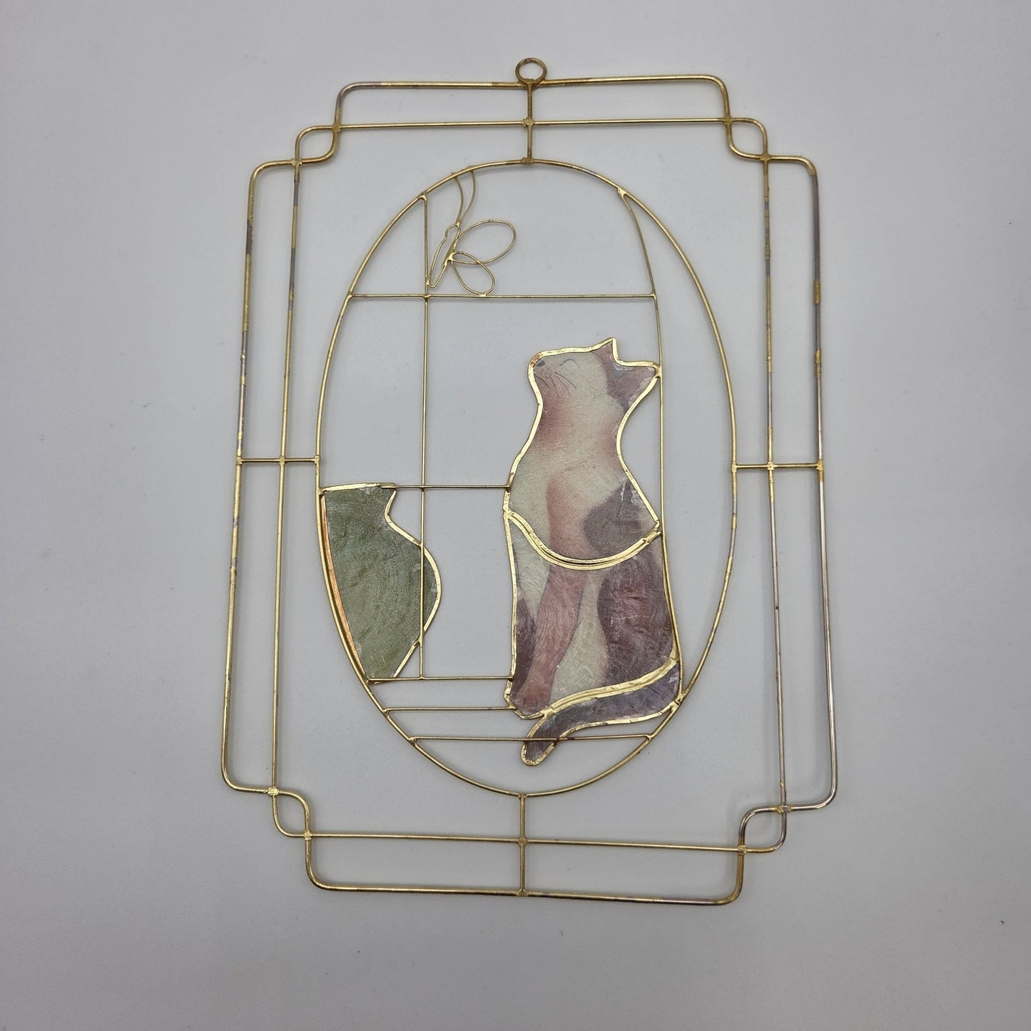 Vintage Capiz Shell Cat & Butterfly Sun Catcher Gold-Tone Frame