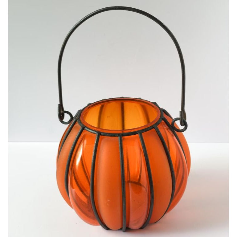 Vintage Caged Orange Glass Pumpkin Jar Basket