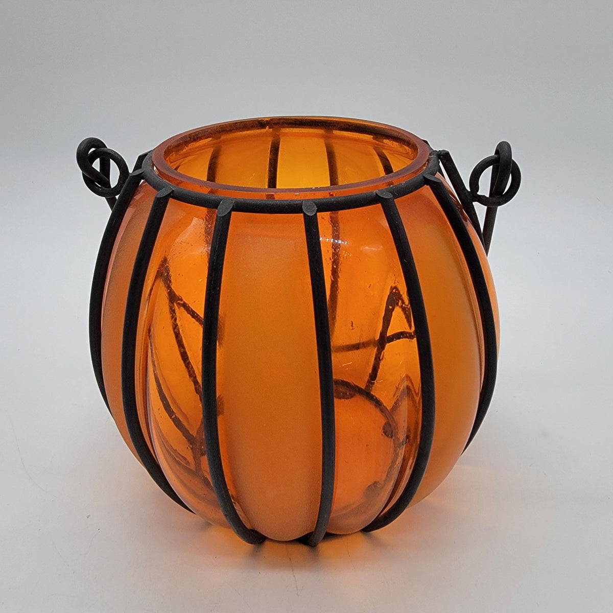 Vintage Caged Orange Glass Pumpkin Jar Basket