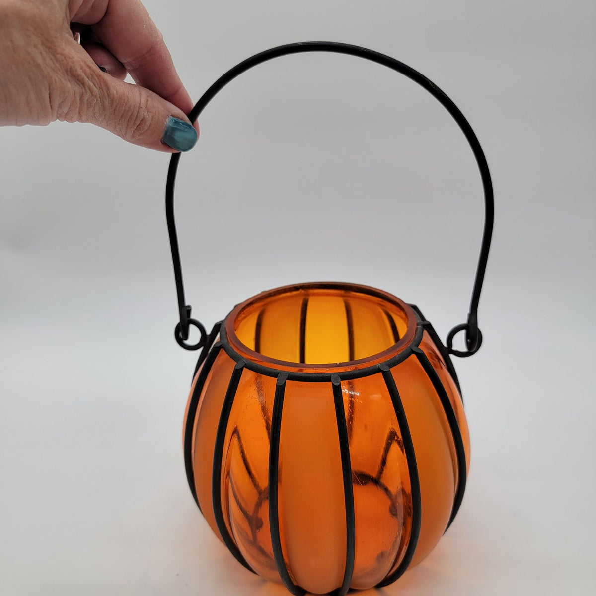 Vintage Caged Orange Glass Pumpkin Jar Basket