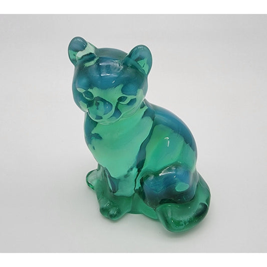 Fenton Green Opalescent Art Glass Sitting Cat Sculpture