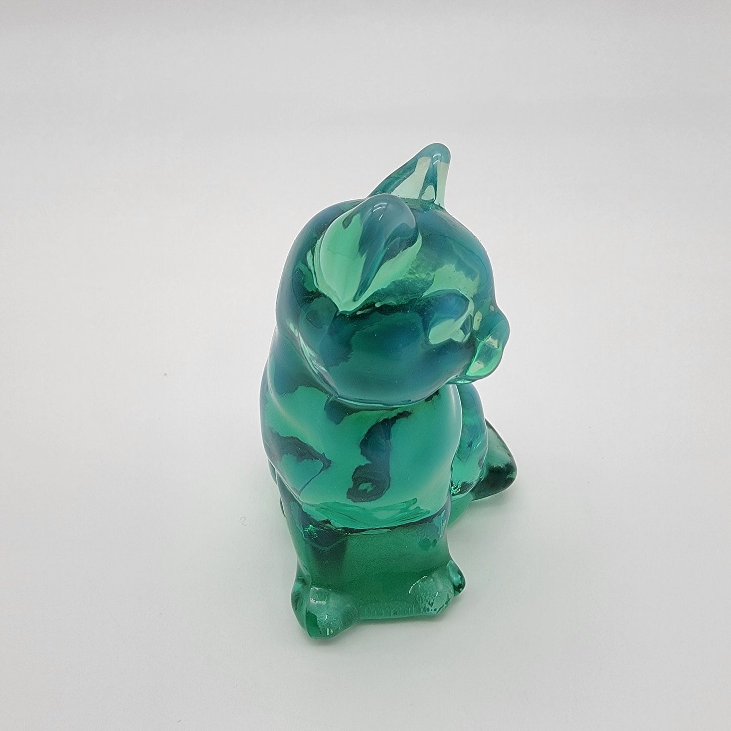 Fenton Green Opalescent Art Glass Sitting Cat Sculpture